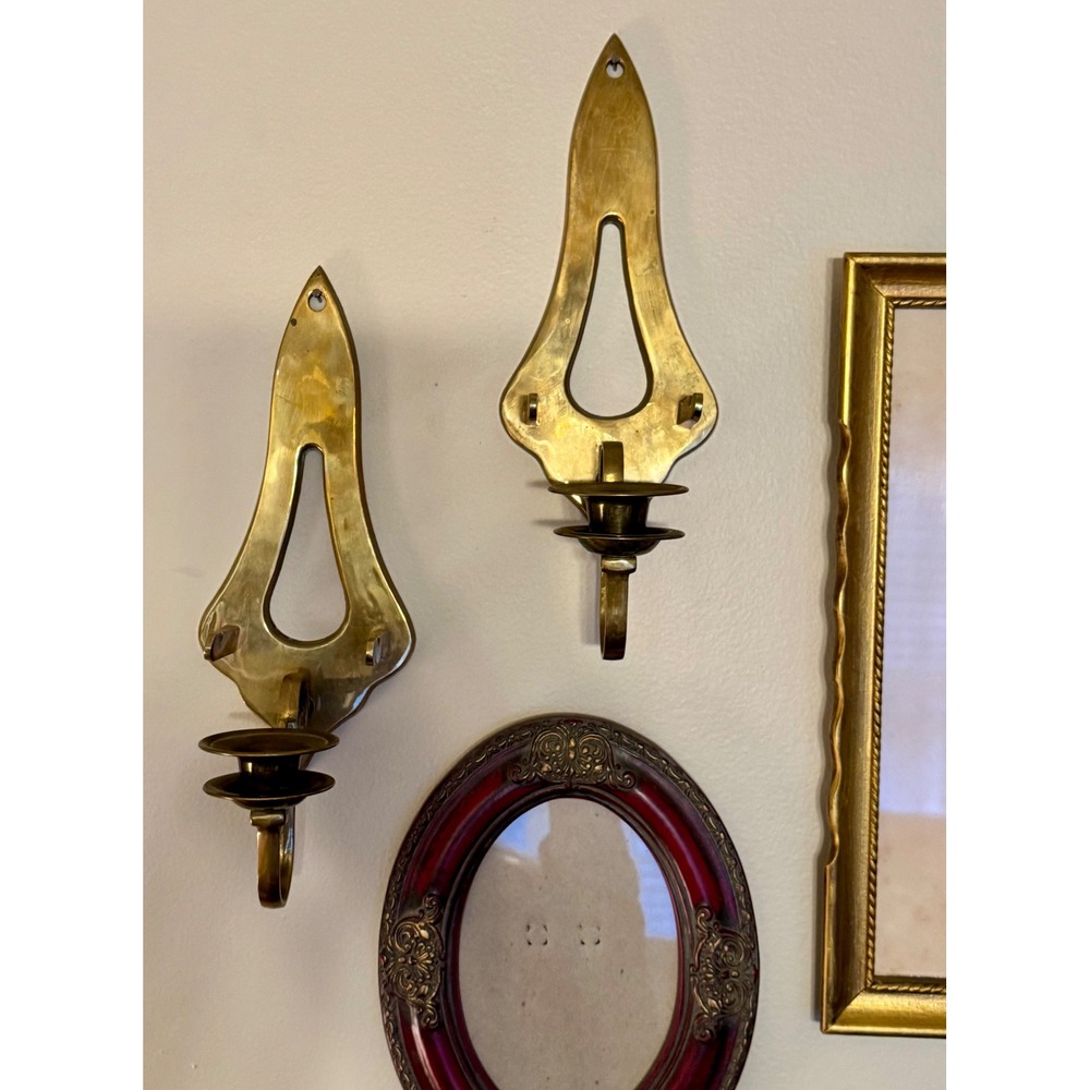 Vintage Solid Brass Wall Sconce Candle Holders Set 2 Gold Teardrop MCM Cottage